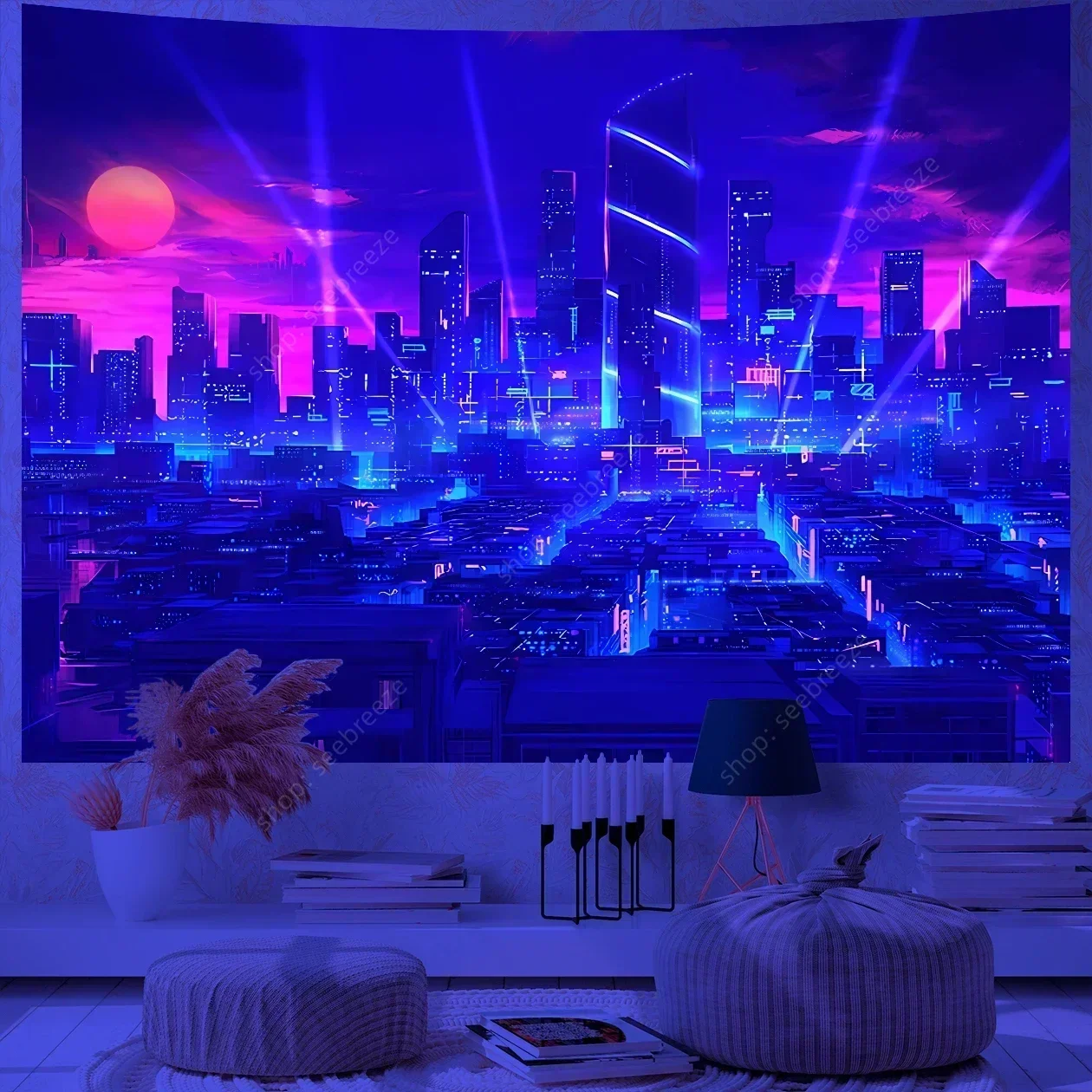 Psychedelic Planet City Skyscrapers UV Reactive Tapestry Wall Hanging Neon Background Gothic Room Decor Aesthetic Curtain Cloth