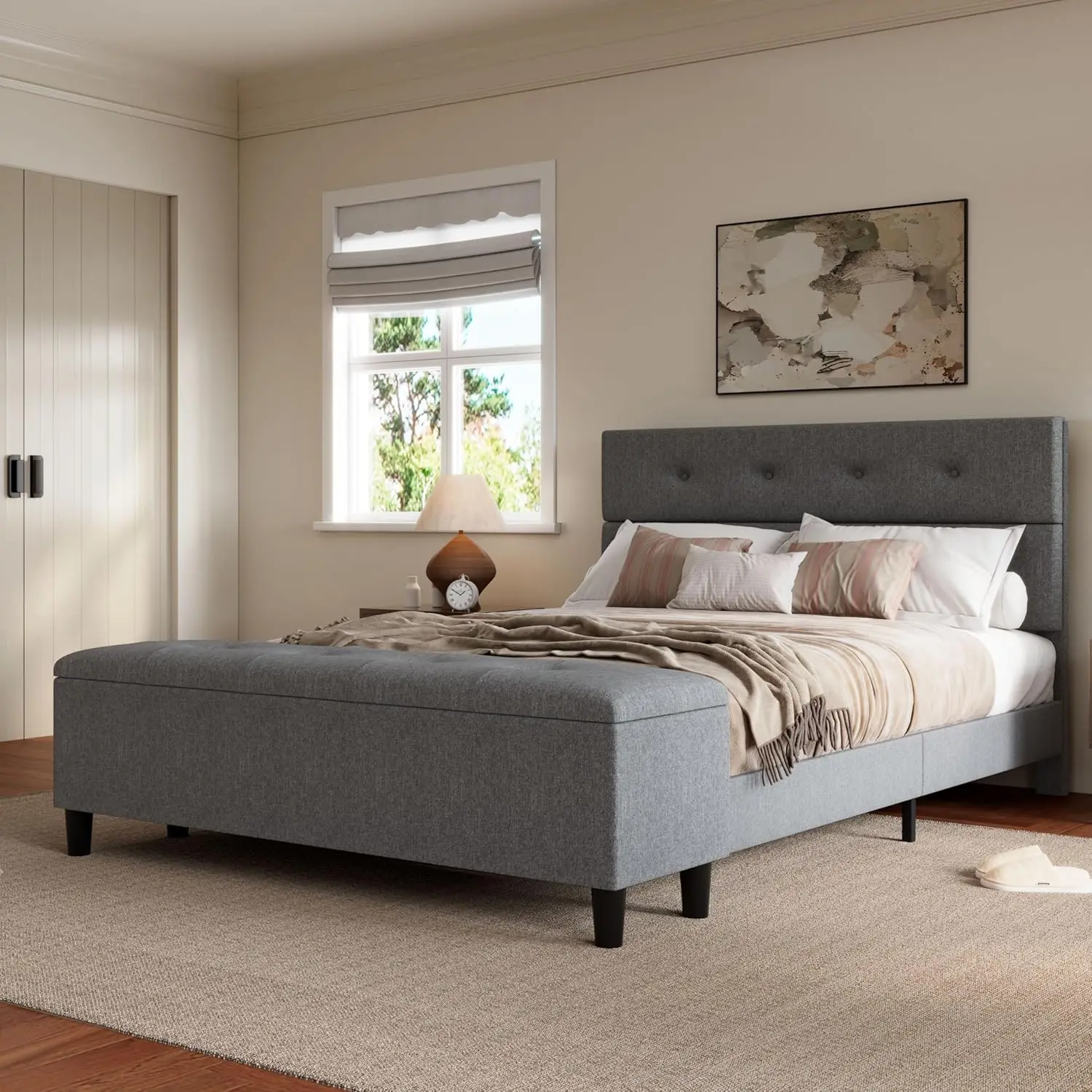 Upholstered Queen Bed Frame with Ottoman Bench, Large Storage Space, Stylish Comfort, No Box Spring Needed, Light Grey