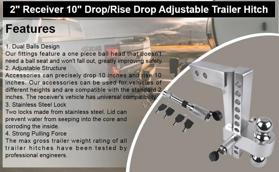 AP03 Aluminum Adjustable Trailer Hitch Ball Mount, Fits 2" Receiver, 10" Drop/Rise Drop Hitch, 12,500 LBS GTW, 2" and 2-5/16"