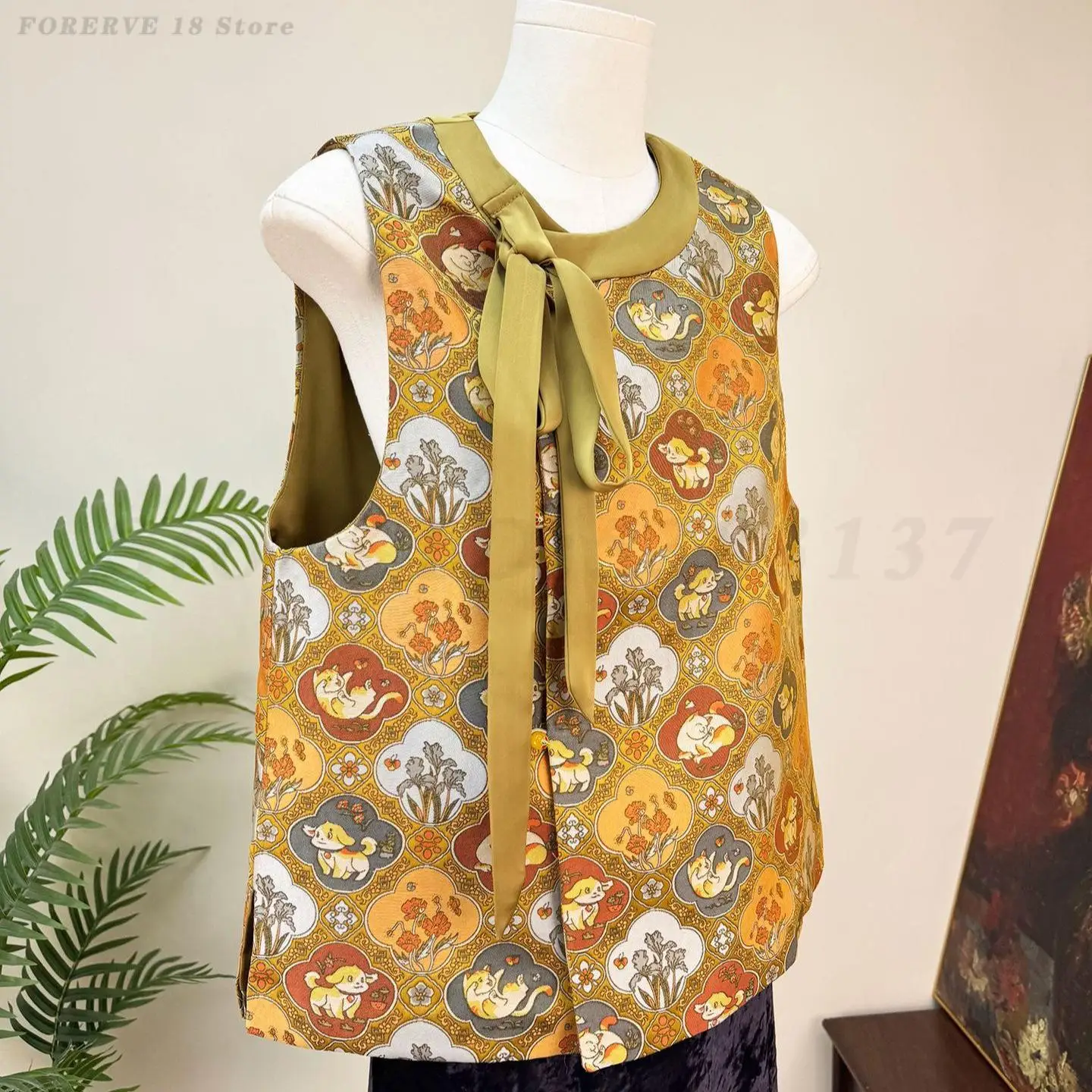 Chinese Style Round Neck Fashion Waistcoat Vest Women's Vintage Traditional Hanfu Top Spring Summer Sleeveless Outerwear Coat