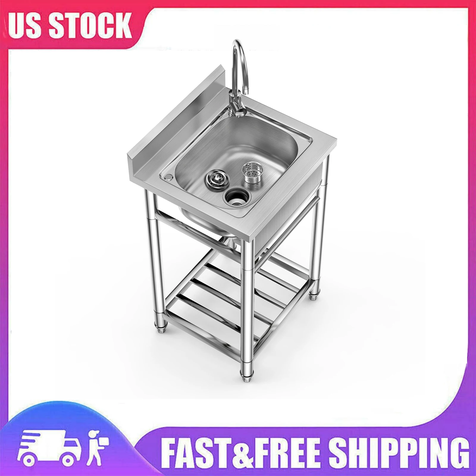 Utility Sink Stainless Steel Commercial Restaurant Kitchen Sink with Cold & Hot Water Pipe, Laundry Tub For Indoor Outdoor