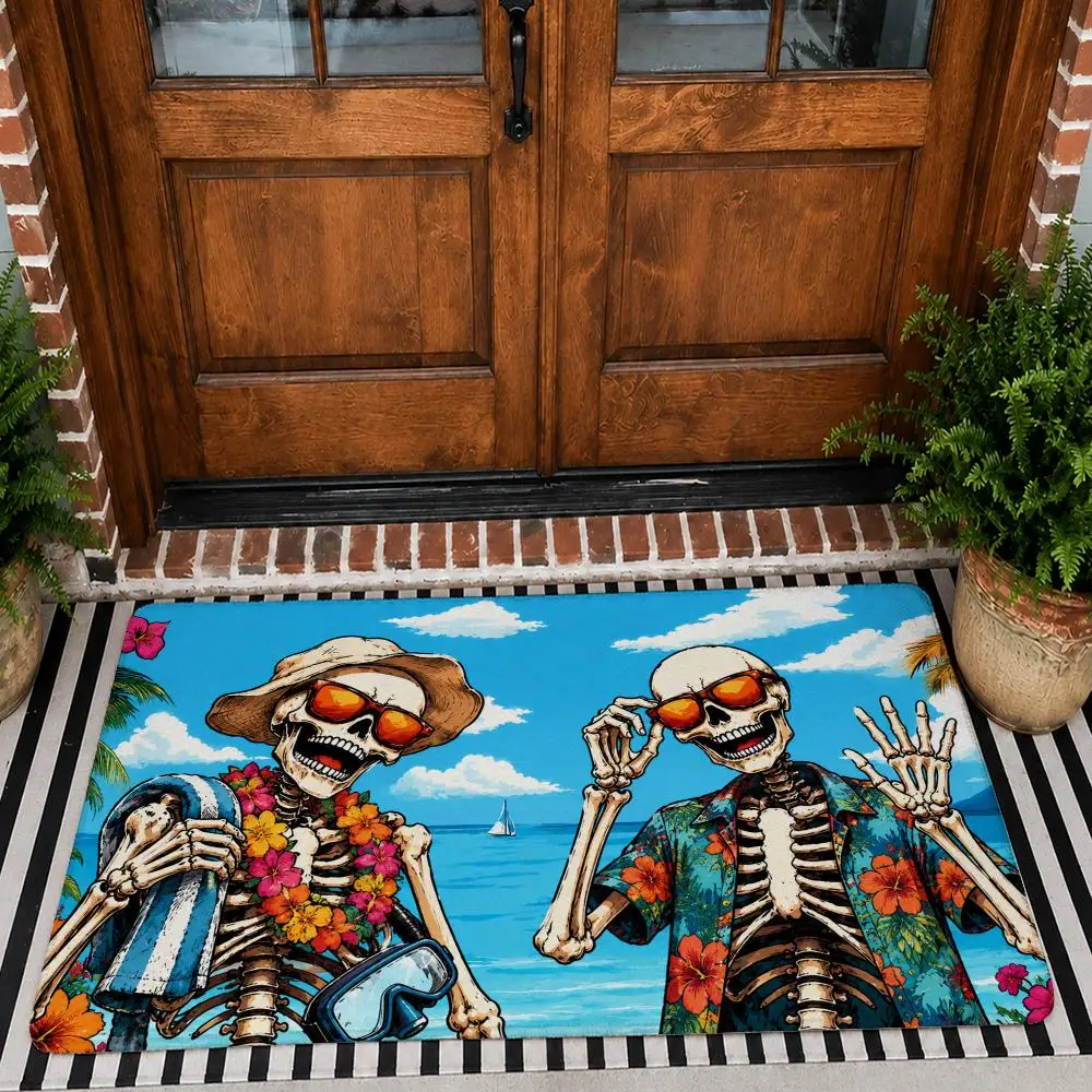 Vacation Skeleton Vibes Floor Mat Soft Flannel Rug Non Slip Washable Quick Dry Door Mat for Bathroom Kitchen Bedroom Home