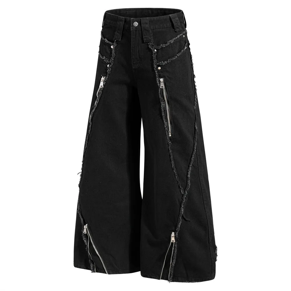 MWJLPWQ A-Line Wide-Leg Jeans For Men Trendy Design Deconstructed Zipper Details Whiskered Frayed Edges Loose Fit Trousers 20128