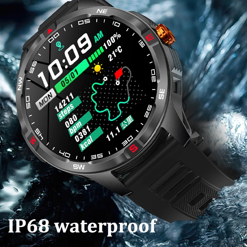 ساعة ذكية عسكرية قوية للرجال بلوتوث مكالمة بطارية 1000 مللي أمبير في الساعة 100 يوم وقت الانتظار شاشة 1.46 بوصة IP68 حركة مقاومة للماء t