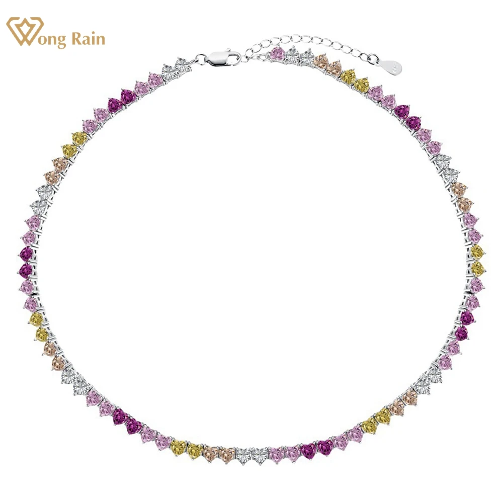 

Wong Rain 100% 925 Sterling Silver Colorful Love Heart 4MM Lab Sapphire Gemstone Tennis Chain Necklace Fine Jewelry Wholesale