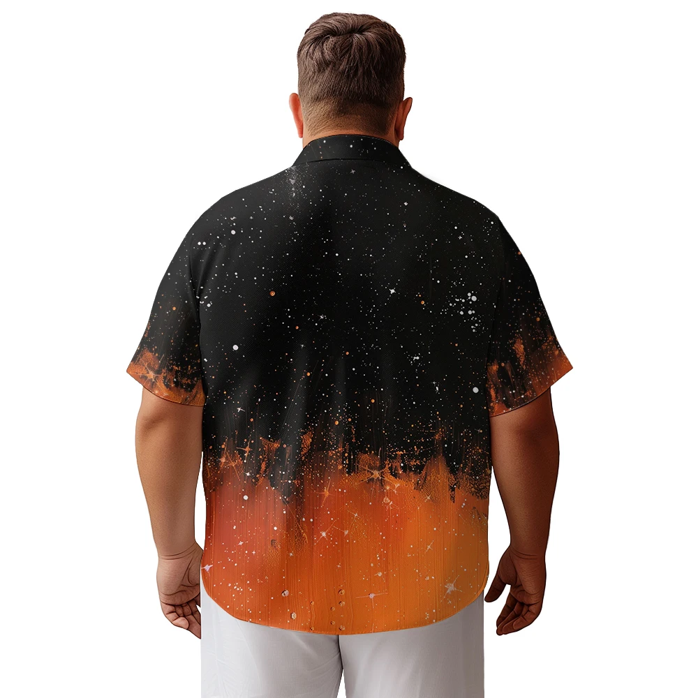 2024 new  Men's shirts plus size Orange rear cargo patchwork black starry sky printed clothing casual short-sleeved