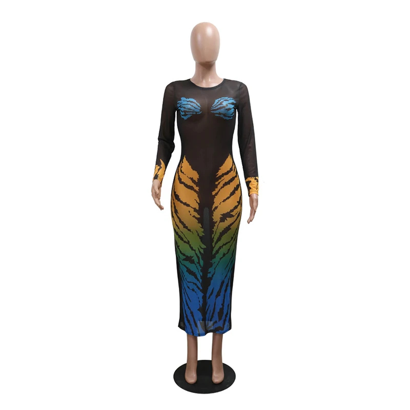 OMSJ 2024 Summer Nightclub Party Tiger Stripe Printing Fashion Sexy Ladies Perspective Long-sleeve Tight Fit Pullover Maxi Dress