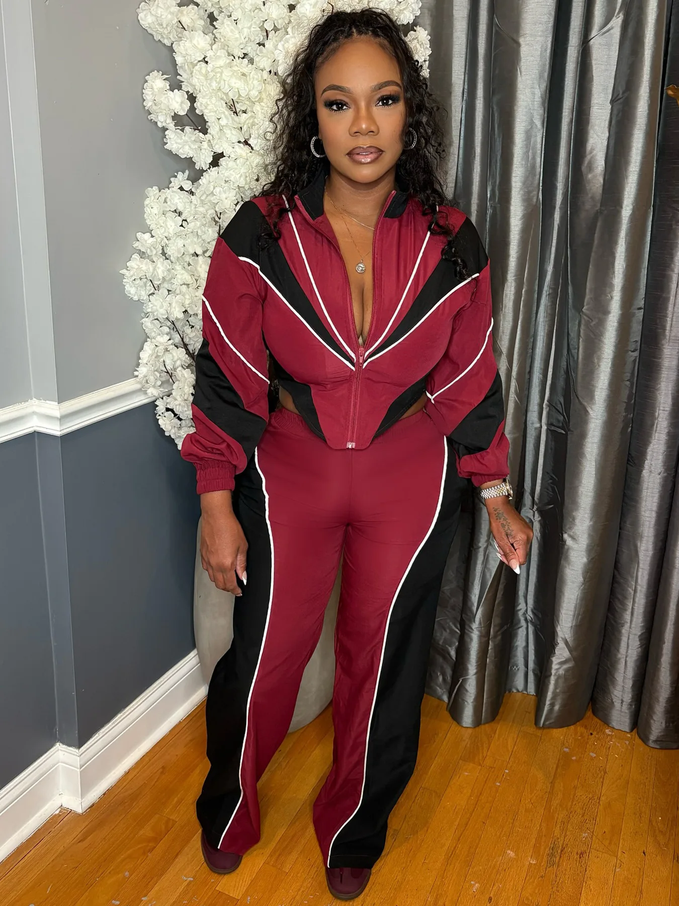 Contrast Patchwork 2 Piece Set Woman Zip Stand Collar Full Sleeve Jacket+Straight-Leg Pants Casual Sporty Style Outfits