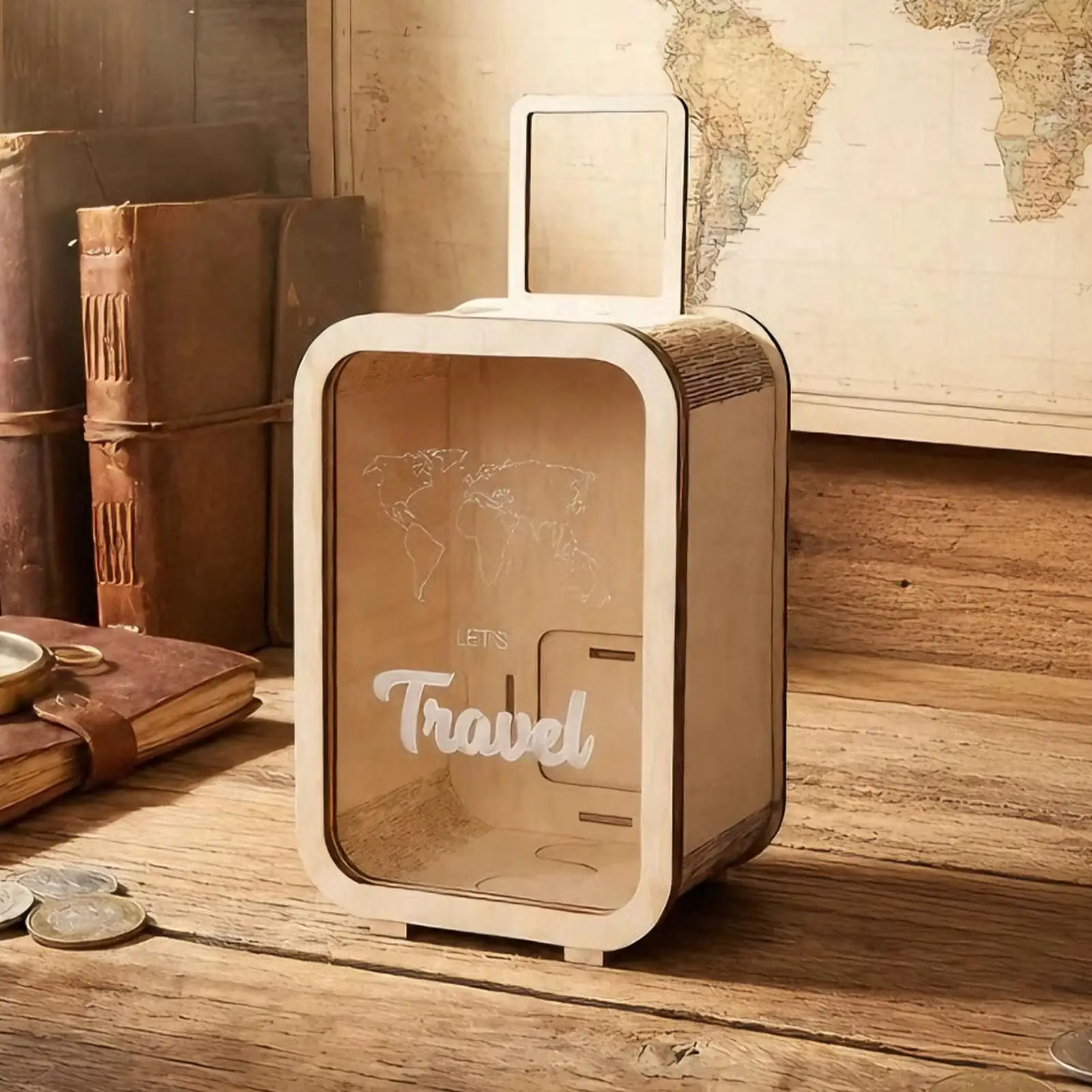Travel Fund Money Box Wooden Transparent Window Decoration Fund Money Box for Travel Vacation Honeymoon Living Room