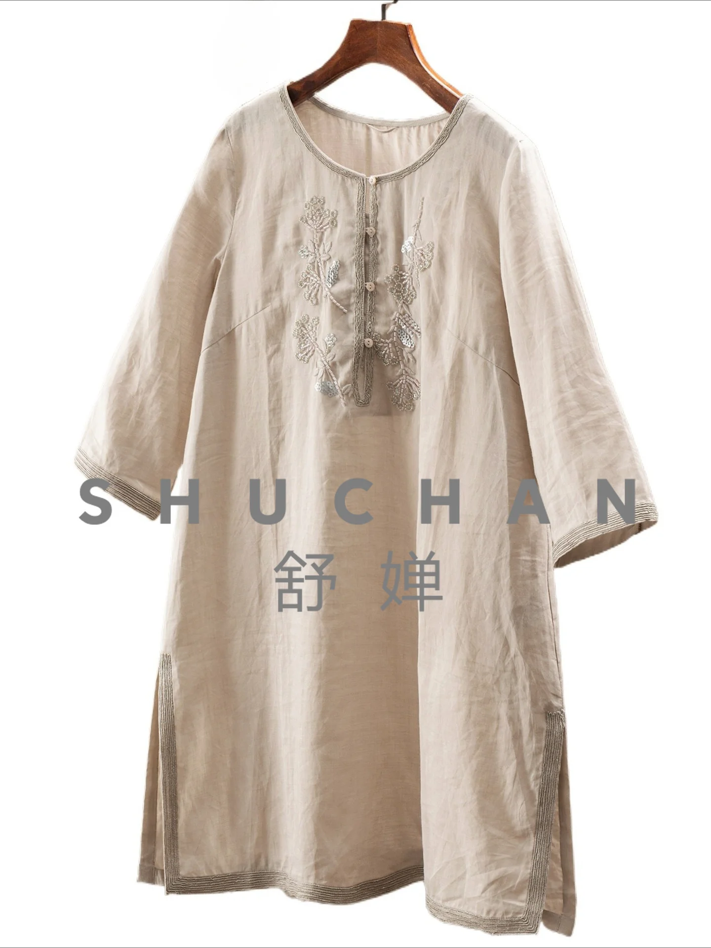 

Blouse Women Natural Ramie Nail Bead Embroidery Seven-quarter Sleeve Medium and Long Shirt Women