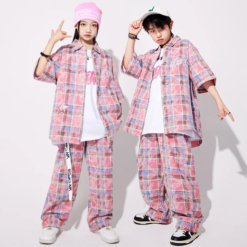 Jungen Hip Hop Grün Kariertes Hemd Street Dance Hosen Mädchen Süße K-pop Bluse Kinder Streetwear Kid Jazz Kostüm Kleidung set