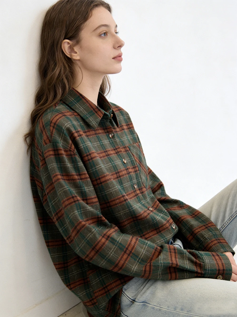 

Women's Vintage Green Brown Plaid Shirt Long Sleeve Button Front Pocket Blouse Soft Fabric Casual Spring Autumn Ladies Tops