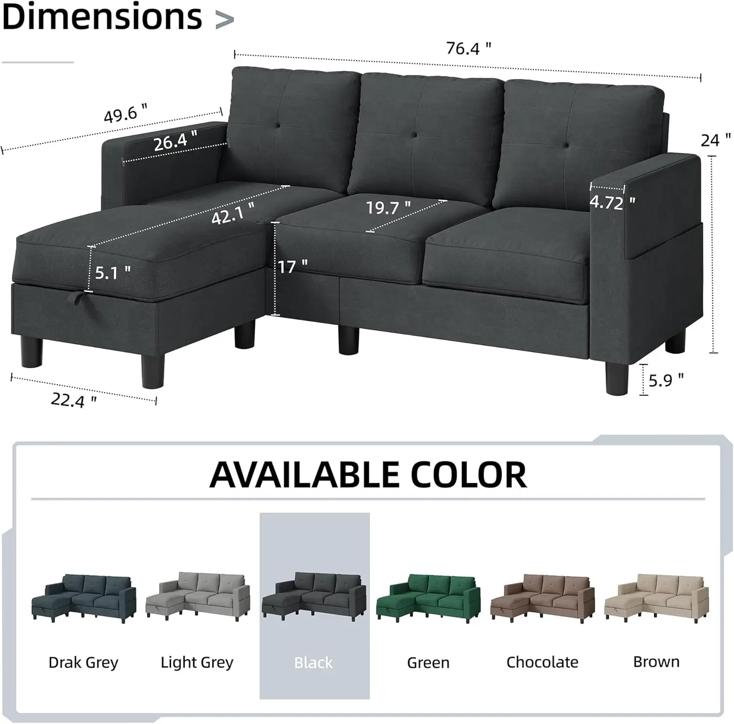 Sectional Sofa Couch,3 Seat L Shaped Couches with Storage Function Ottoman,Modern Linen Convertible Sectionals Sofas with Armres