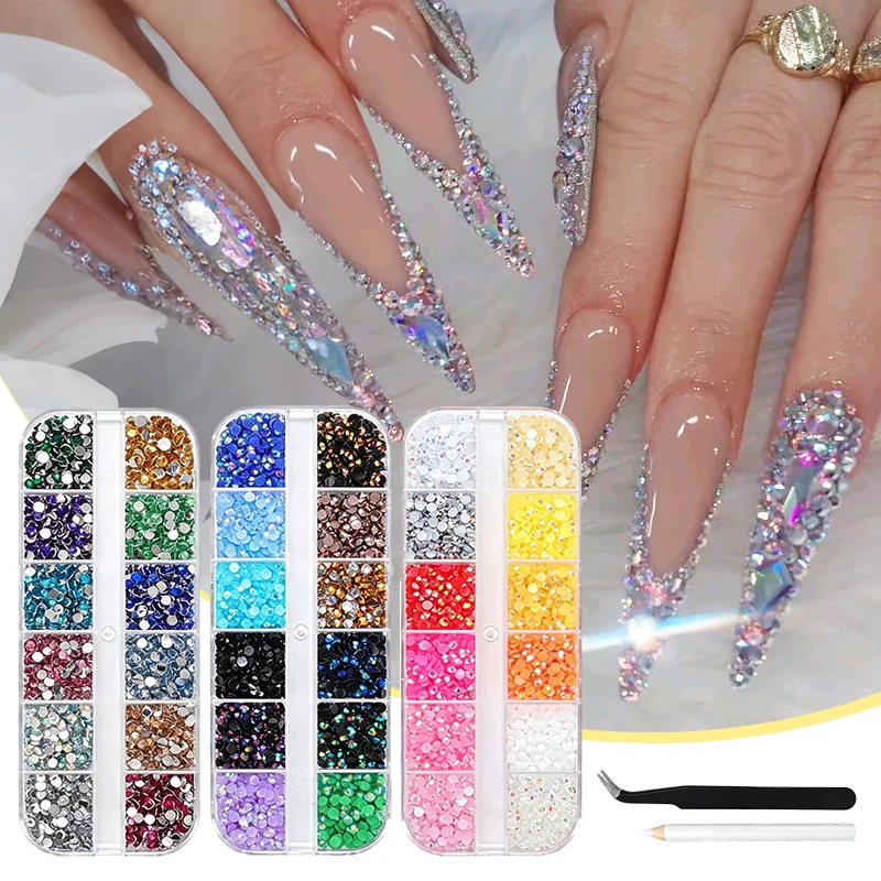 Multi Colorful Nail Rhinestones Kit Flatback Crystal Gems with Tweezers Picker for Nail Art Face Makeup DIY Crafts Decoration