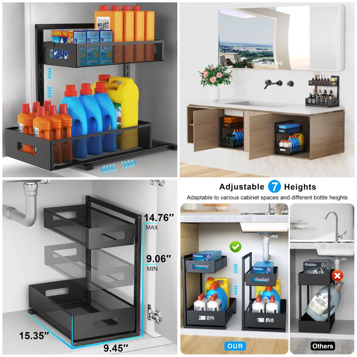 

Выдвижной шкаф-органайзер под раковину с регулируемой высотой, двухуровневые выдвижные ящики для хранения в кухне и ванной комнате (1 шт.)