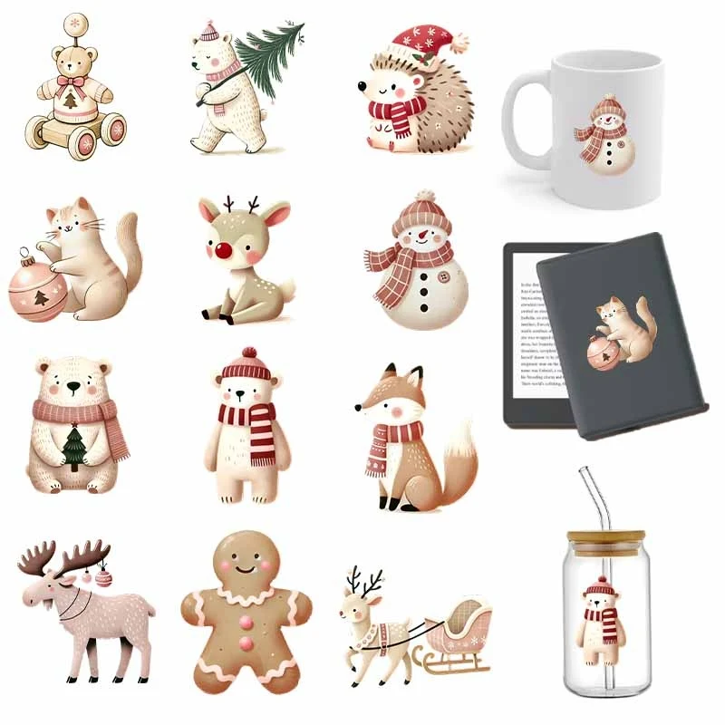 

12Pcs Christmas Animals Patter 3D UV DTF Cup Wrap Transfer Sticker Glass Coffee Mugs Decoration Winter Xmas Greeting Cards Decal
