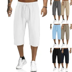 2024Summer Muscle Men's New Loose Solid Color Breathable Casual Sports Business High Street Fashionable Cropped Pants