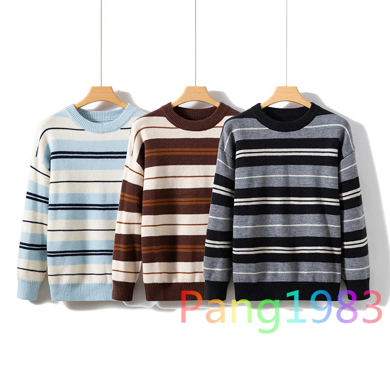 2024fw Feavyweight Striped Round Neck Sweater Men Women Knitted Sweater Loose Inner Layer Base Pullover Sweater