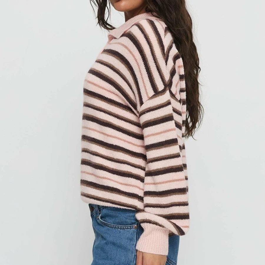 

Combhasaki Women's Oversied Stripd Rugby Shirt Y2k Long Sleeve Button Collared Preppy Pole Sweater Vintage Aesthetic Streetwear