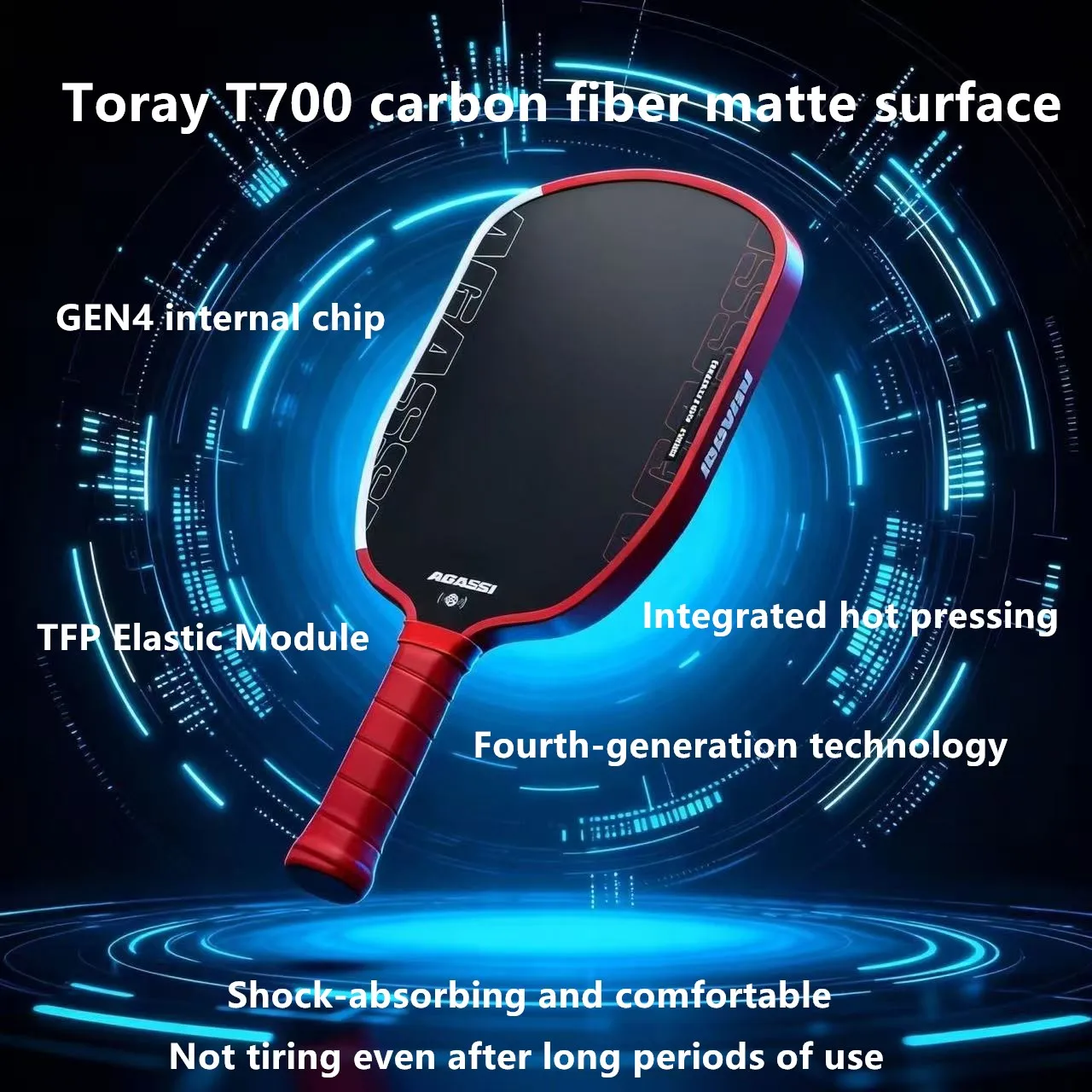 

Agassi pickleball paddle, hot-pressed and integrally molded, sturdy and durable, made with T700 carbon fiber, precise control.