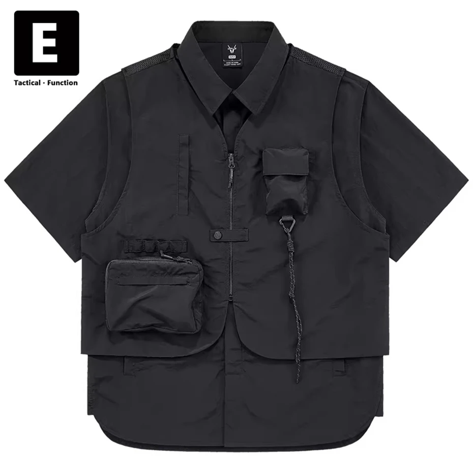 Cargo Shirt Men Summer Short Sleeve Shirts Multiple Pockets Techwear Tactical Button Tops Streetwear Fake Two Pieces Shirts Male