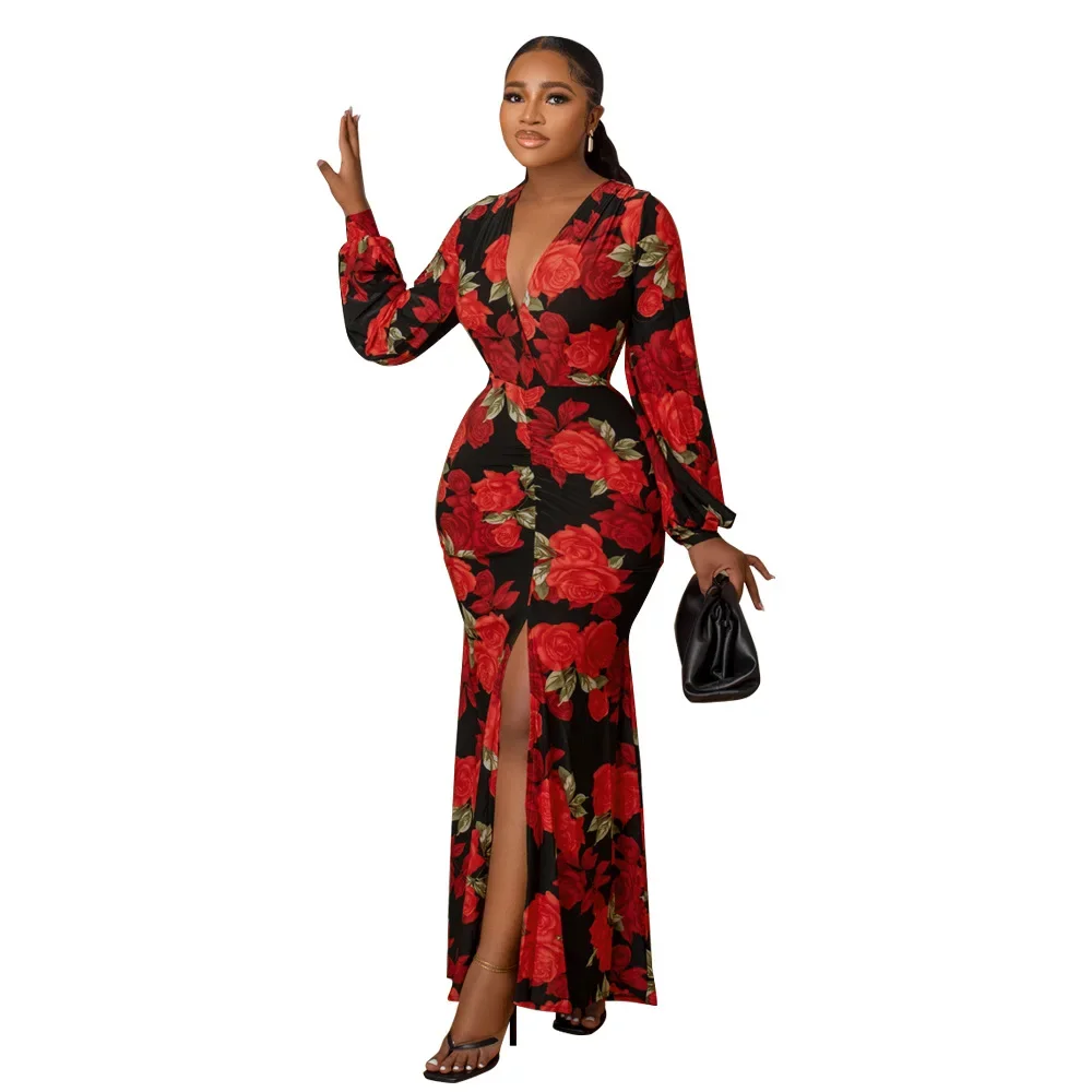 Long African Dress Women Costumes Sexy High Waist V Neck Split Vestidos Flower Print Elegant Streetwear Party Maxi Performance