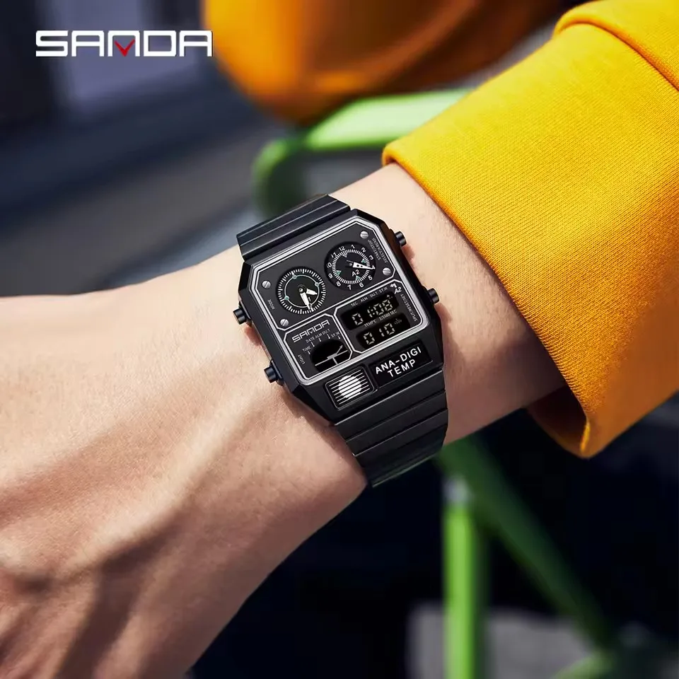 SANDA 3192 Men's Electronic Watch Square Stainless Steel Temperature Measurement Stopwatch Timing Multi functional Watch