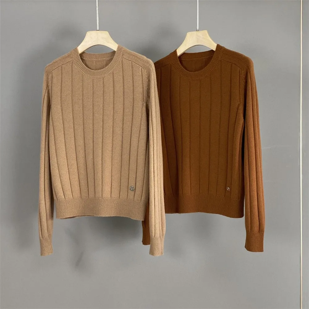 Women's O-Neck Pullover Sweater Ribbed Cashmere Long-Sleeved Solid Color Knitted Top Autumn Winter New