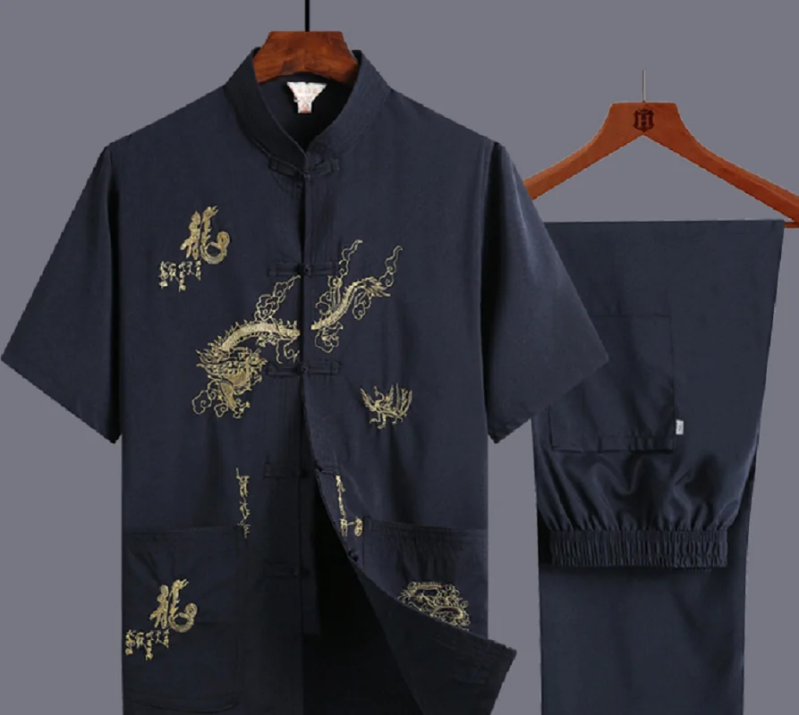 Hot Sale New Chinese Traditional Men Embroidered Dragon Tang Hanfu Suit Short Sleeve Pajamas Set Kung Fu Martial Art Clothing