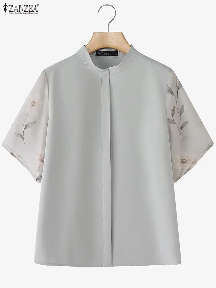 ZANZEA-Blusas elegantes para mujer, camisas de manga corta con cuello levantado y retales de gasa Floral a la moda, ropa para mujer S-3XL 2026