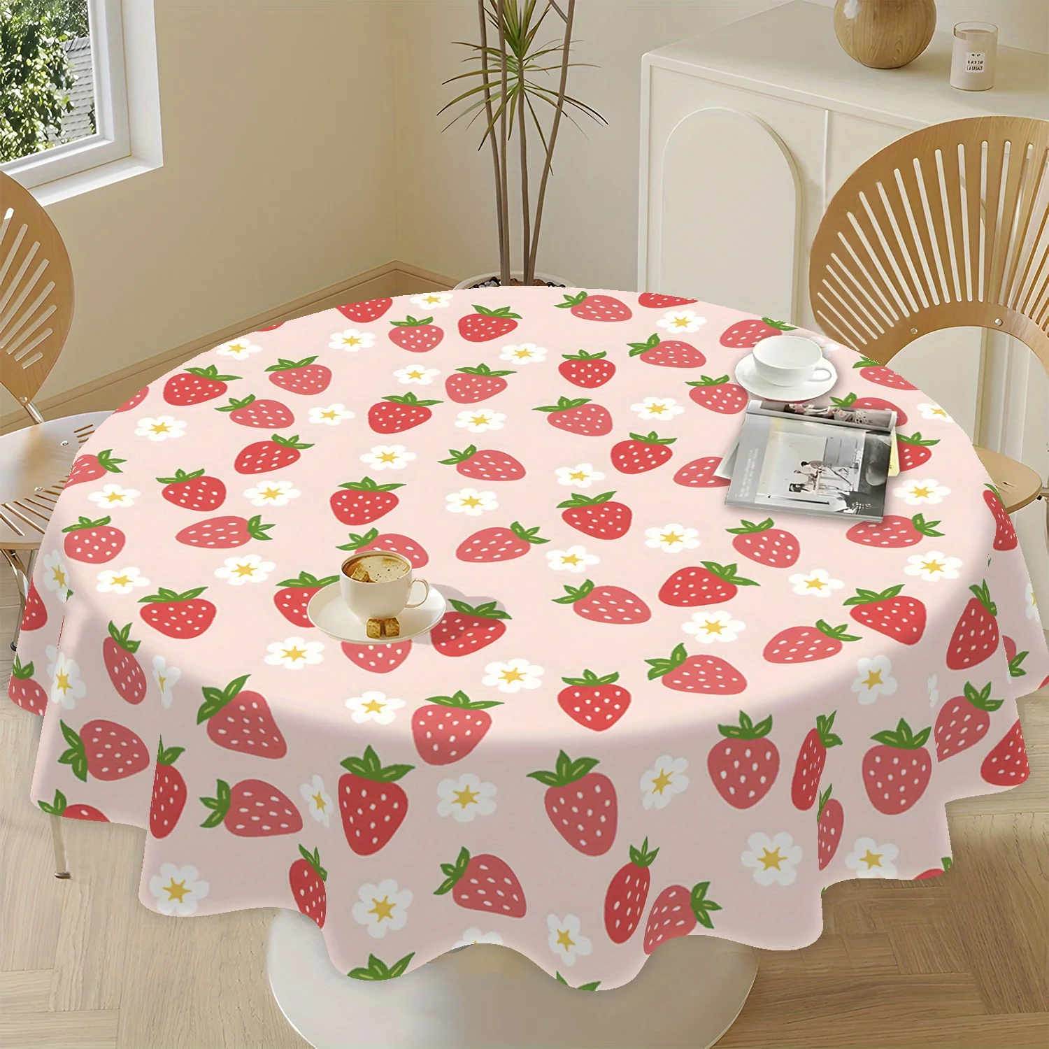 One tablecloth with strawberry and sunflower patterns, 61 inches in size, 100% polyester.