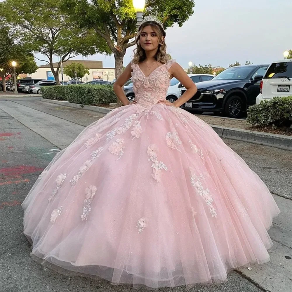 Sweet Pink  Quinceanera Dresses V-Neck 3D Flower Appliques Ball Gown Beaded Vestidos de 15 Anos Birthday Dress