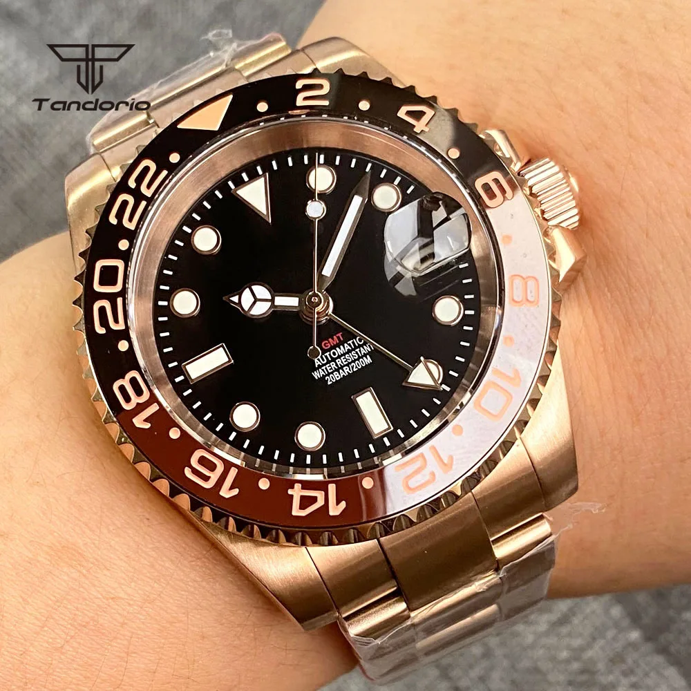 Tandorio Rose Gold Coated 200M GMT NH34A Men Automatic Dive Watch 120 Clicks Rotating Bezel Screw Crown Sapphire Glass Auto Date