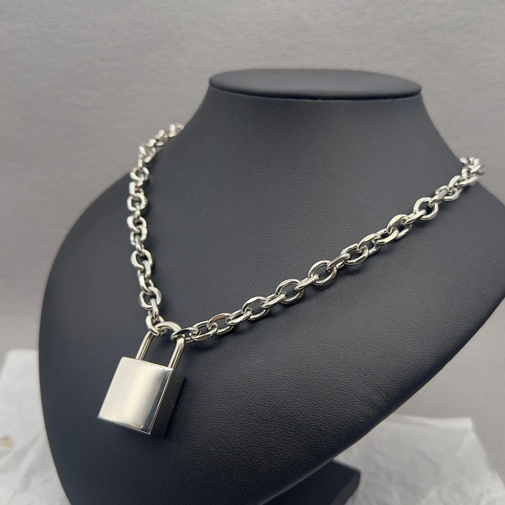 Punk Solid Stainless Steel Chain Oversized Padlock Necklace Women Mens Unisex Chunky Heavy Lock Key Necklace Handmade Jewelry