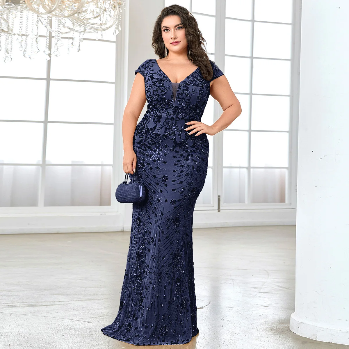 Plus Size Navy Deep V Cap Sleeve Floral Sequin Mesh Mermaid Floor Length Mother of Bride Evening Formal Maxi Gown