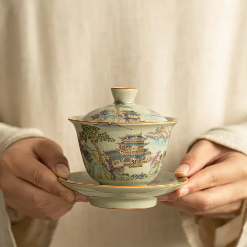 

Ceramic Sancai Gaiwan Chinese Tea Tureen Pottery Handmade Color Enamel Kungfu Teacups Master Cup Classical Teaware Set