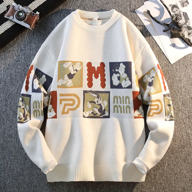 Retro Cartoon Patchwork Knit Sweater – Vintage Graphic Crewneck Pullover for Men