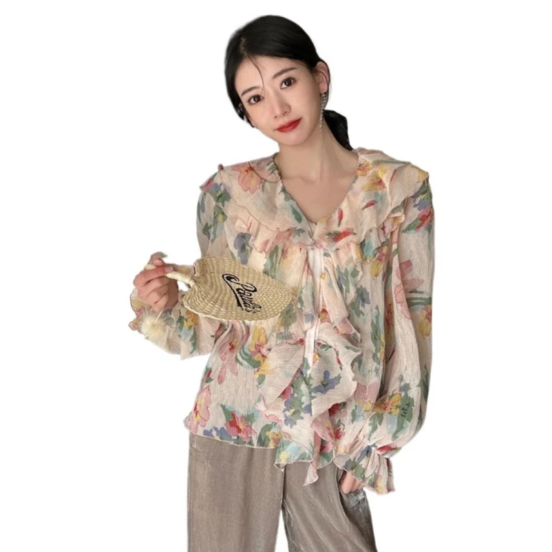 Spring Rayon Women New Design Sense High Quality Sweet Lovely Print Double-layer Ruffled Princess Chic Thin Gentle Shirt Blouses