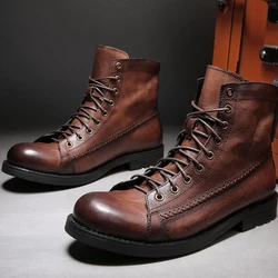 Retro Leather Boots Men British Style Spring Autumn Round Head Lace Up Large Size Outdoor Leisure Walking Shoes Botas Hombre