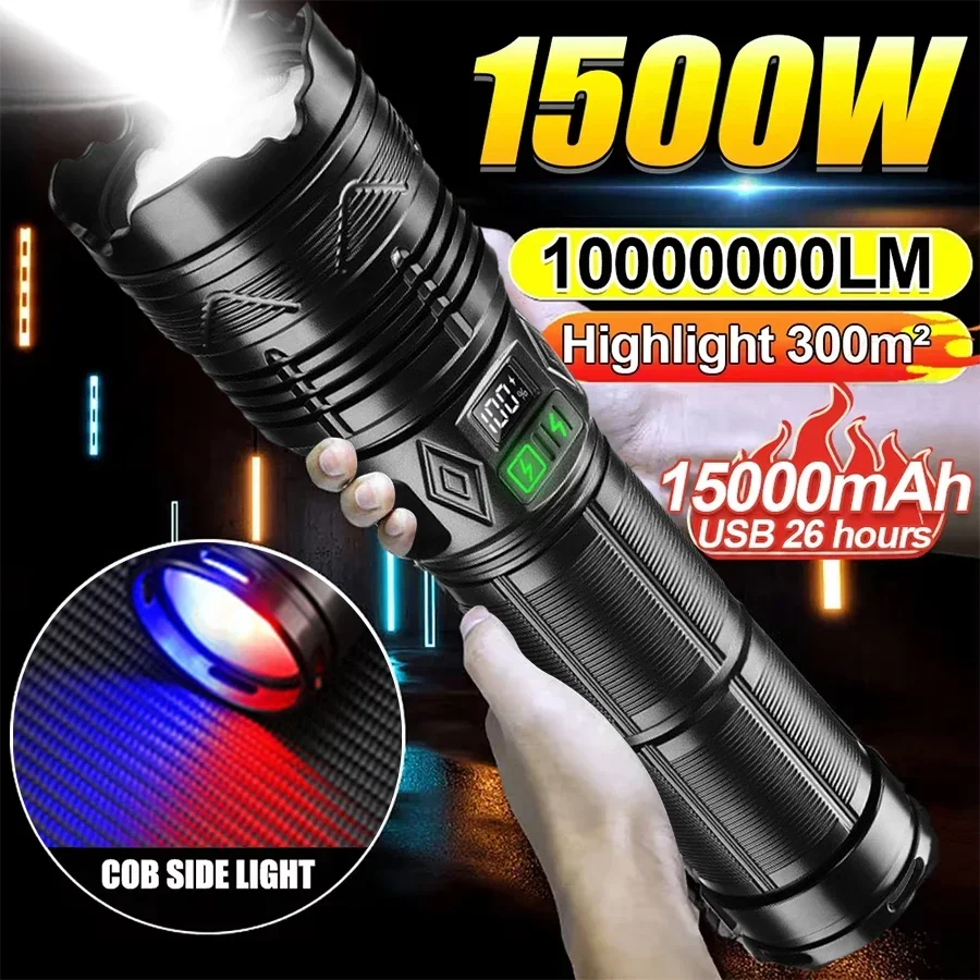 High Power LED COB Flashlight Built-in Battery Hand Lamp USB Rechargeable Strong Tactical Zoom Torch Outdoor Camping Lantern