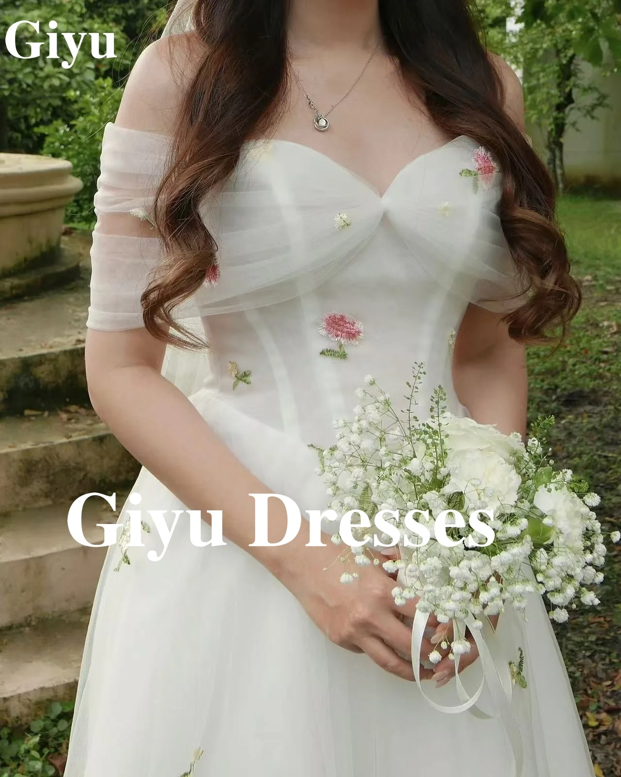 Giyu vestido de novia de tul blanco para mujer, fotografía coreana, sesión de fotos, hombros descubiertos, flor 3d, tren de barrido, vestidos de novia personalizados