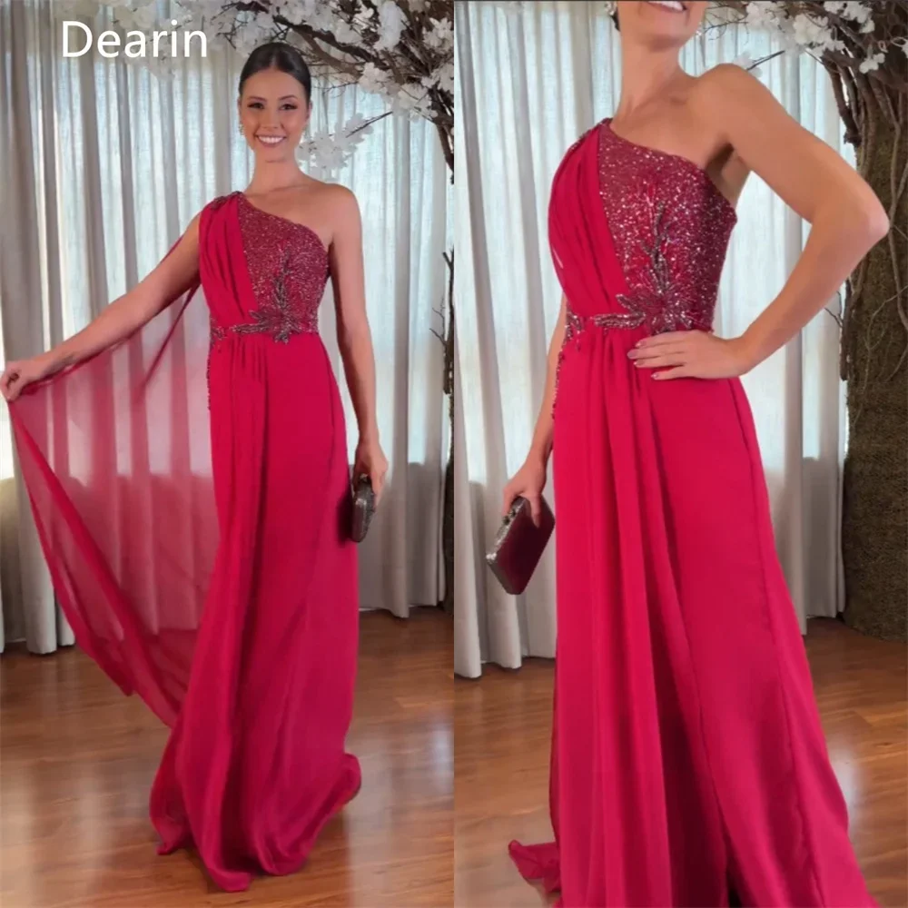 

Evening Gown Prom Saudi Arabia Dearin One-shoulder A-line Floor Length Sequin Skirts Draped Tulle Sleeveless Bead Print Bespoke