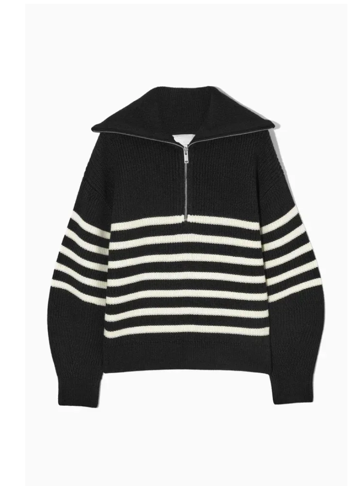 Women\'s Turtleneck Loose Lapel Striped Knitwear Women Pulovers New Simplicity Half Zipper Casual Fashion Women Sweaters 2024