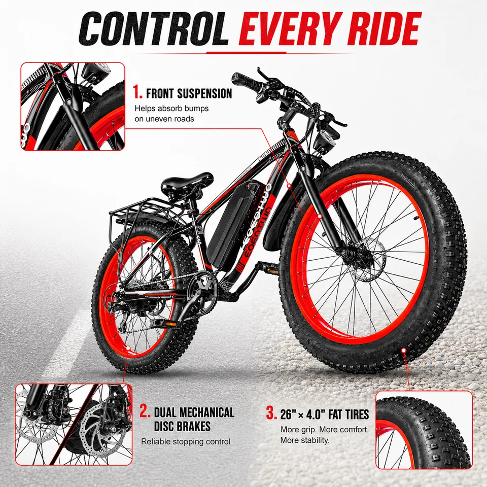 EOEOTWO Electric Bike for Adults, 26 Inch Fat Tire E-Bike, 1500W Peak, 48V 15Ah Removable Battery, 34MPH All Terrain Ebike image 7