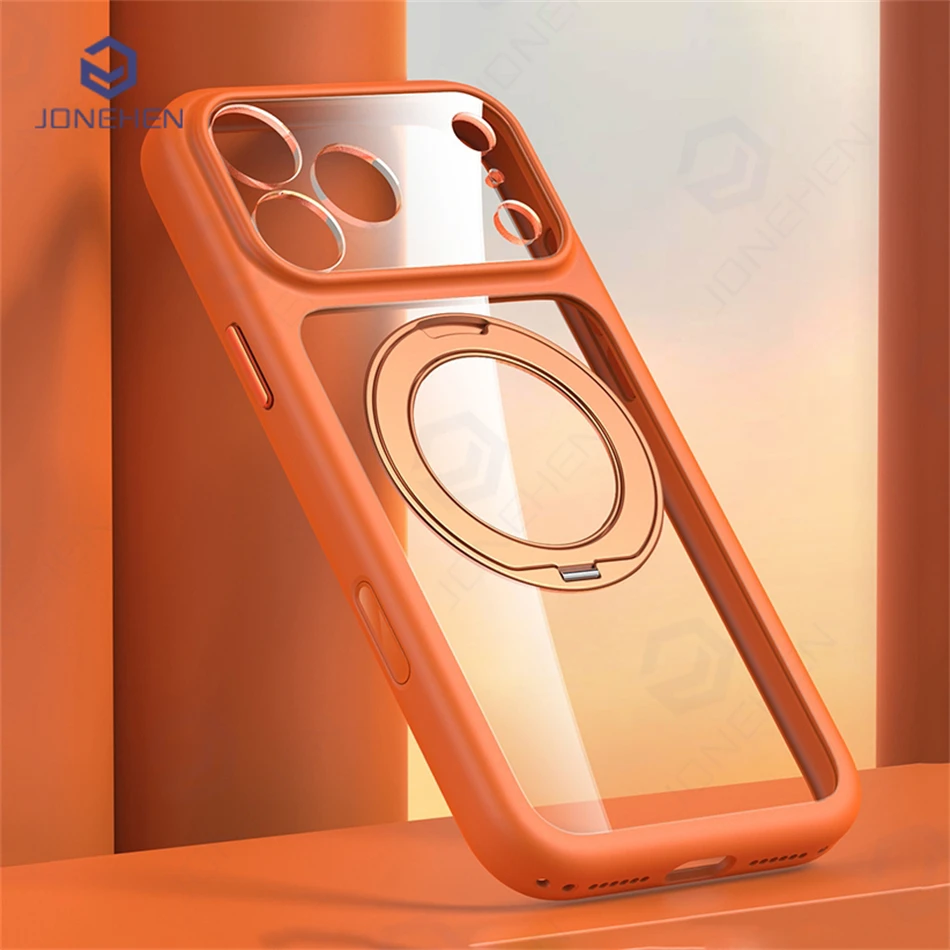 Magnetic 360 Rotated Bracket Business Shockproof Camera Button Orange Case For iPhone 17 18 Pro Max Clear Lens Cover For Magsafe