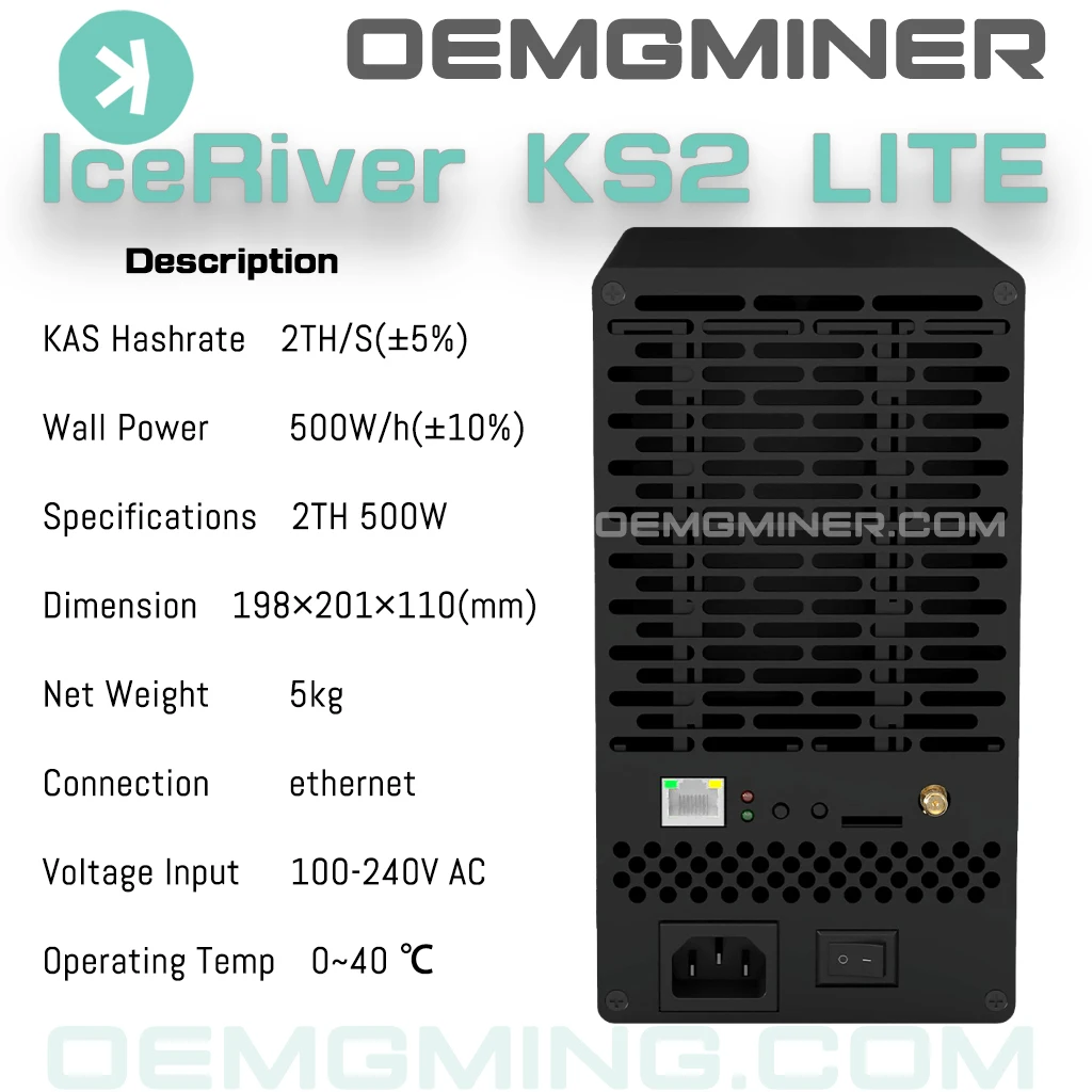 New ICERIVER KAS KS2 LITE Miner 2TH/S 500W/h Mining Asic KAS Miner Shipping on October 15th-30th