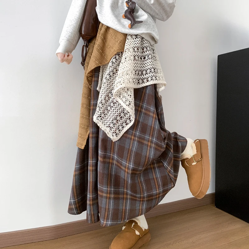 

Harajuku Irregular Y2K Long Skirts Women Autumn Korean Lace Patchwork Plaid Skirts Vintage Contrast Color Pleated Skirt Woman
