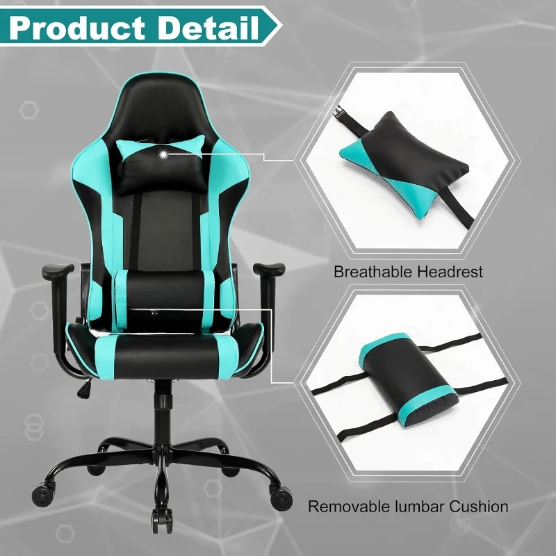 Video Gaming Chair with Headrest and Lumbar Cushion Adjustable Desk Chair for Office and Study  High Backrest (BK/Mint)