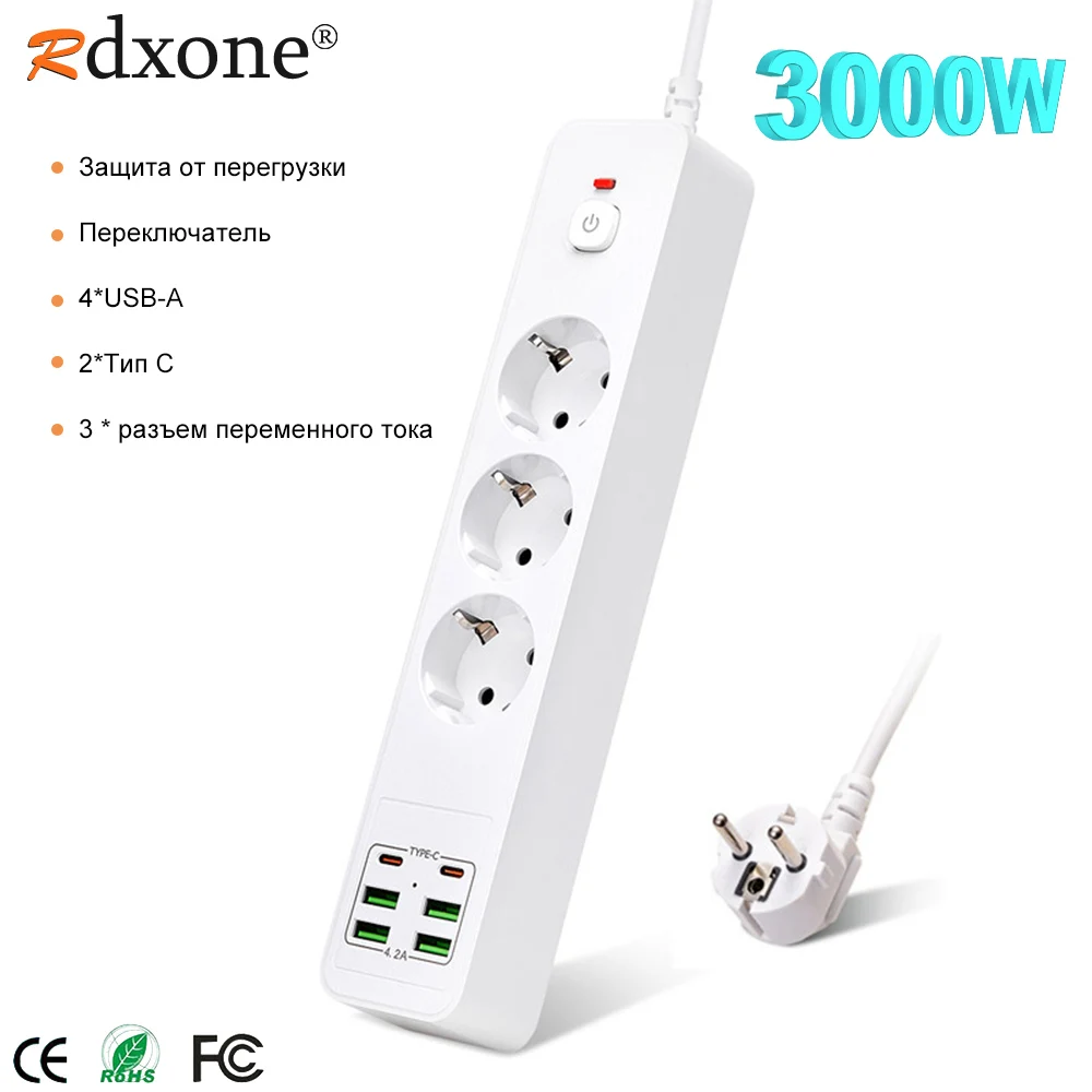 European Plug Extension USB Power Strip With Overload Protection 4USB 2Type C Charger Hub 2m  Extension Socket Switch