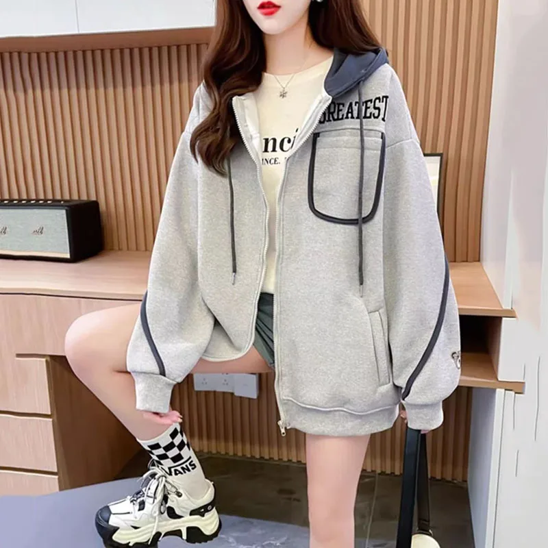 

New Spring Autumn Women's Thin Hooded Embroidered Hoodie Coat Loose Senior Sense Cardigan Jacket Female Casual Sportswear Tide